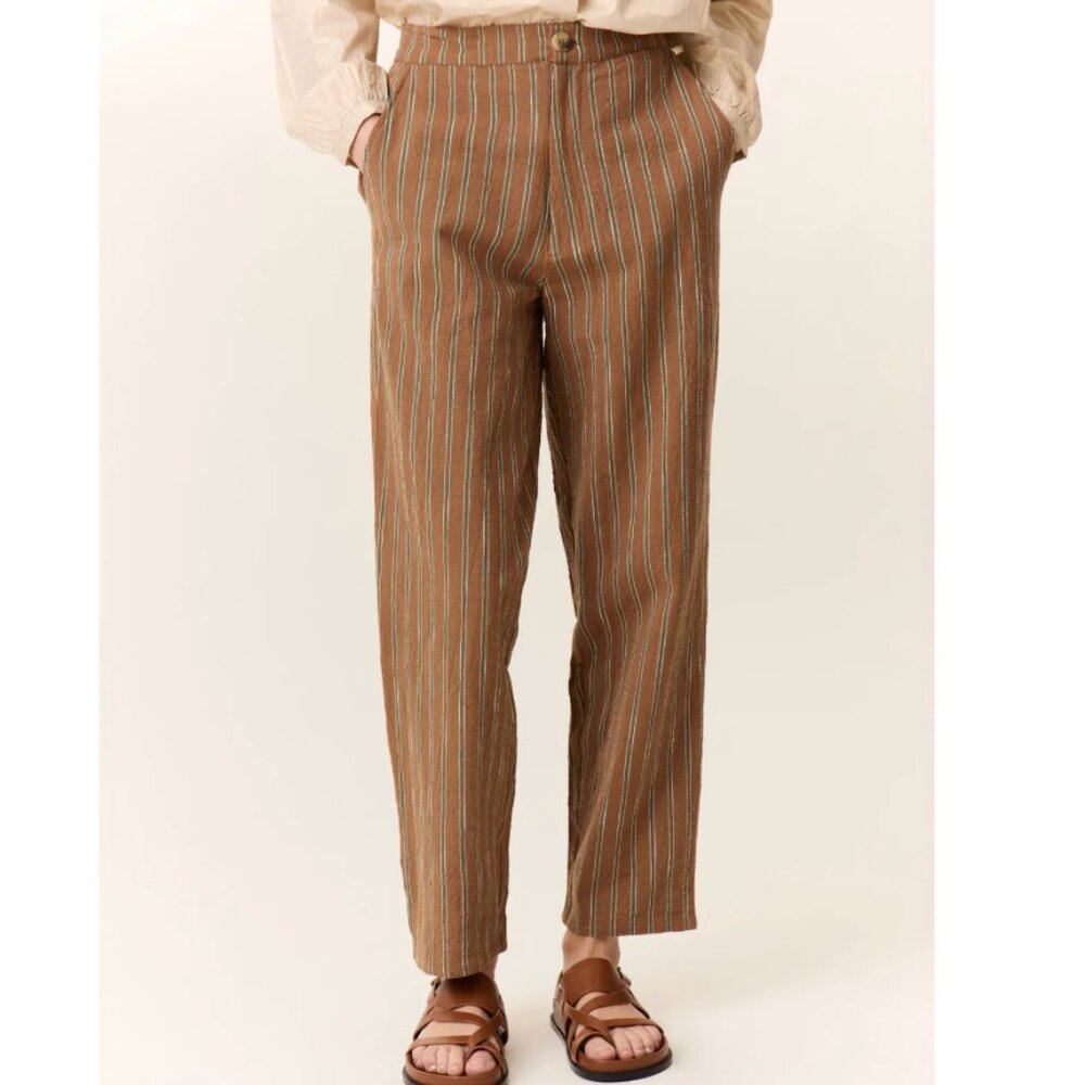 Leon & Harper Parsa Strp Pants Brown White Stripe Trousers Slacks Size Large NWT
